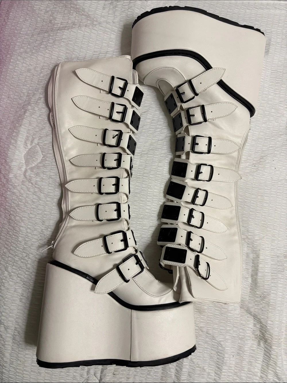 Demonia White Knee-High Platform Buckle Boots size 6 Goth